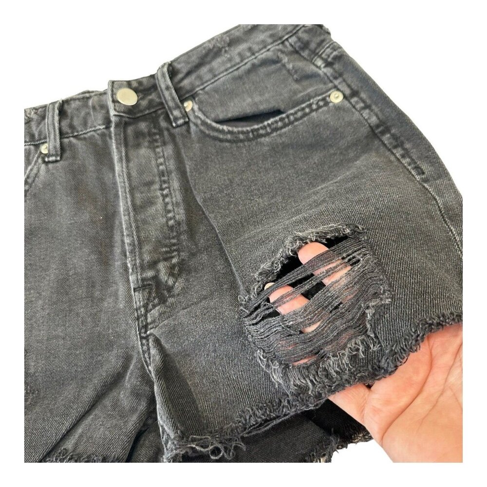 H&M Shorts Women 6 Cut Off High Rise Denim Charcoal Wash -Distressed- Button Fly - Picture 11 of 11